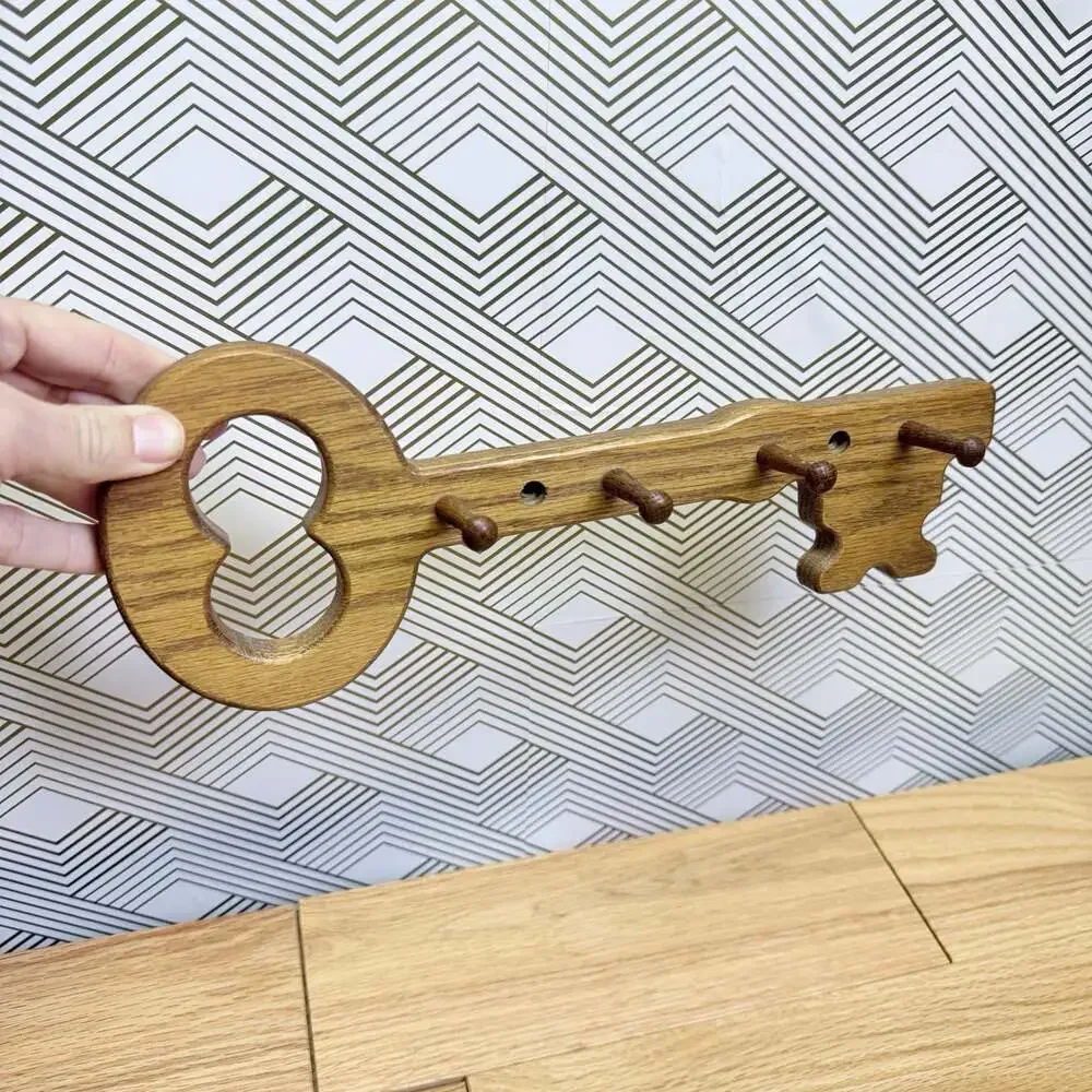 Handmade Wooden Wall Key Rack Holder Large Vintage Key Shape with pegs